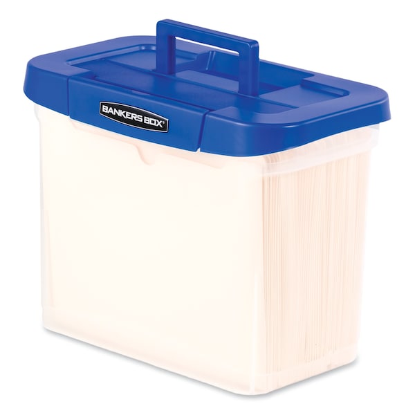 File Boxes, Polypropylene, 14.25" W, 8.63" D, 11.06" H, Lift-Off Lid Closure, Clear/Blue